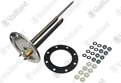 Vaillant Heizkörperkomponente mit zwei Edelstahlheizelementen, Montageplatte, Dichtungsgummi und Zubehörteilen wie Schrauben und Unterlegscheiben.